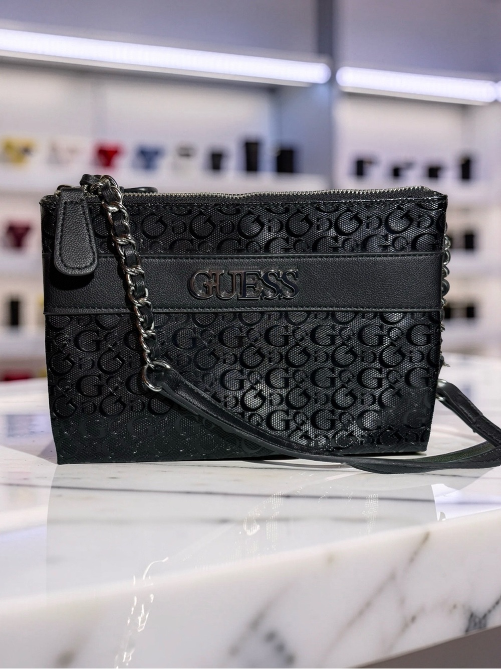 Guess Womens Black 3 Compartment Monogram Crossbody Bag